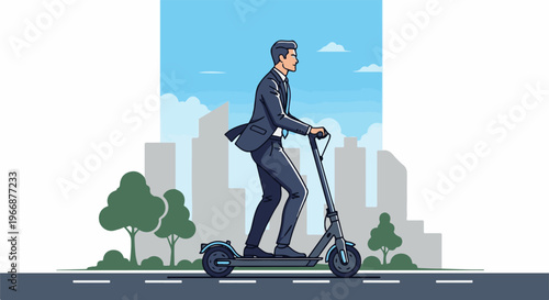 Business professional rides electric scooter through a city landscape