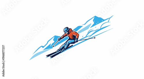 Skier carving down a snowy mountain slope in a dynamic pose
