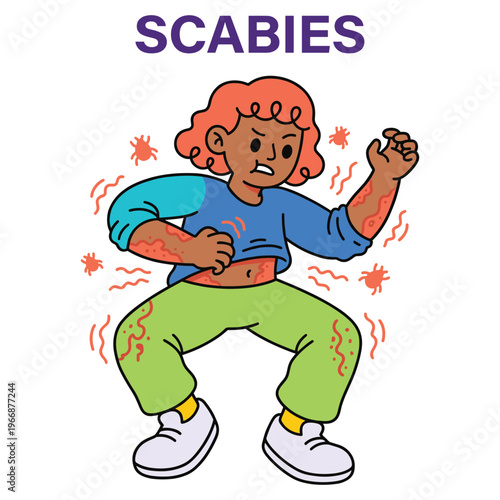 Medical illustration of a character suffering from scabies, a skin disease causing severe itching symptoms, depicting the discomfort and healthcare needs