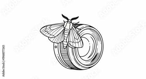 Detailed line art illustration of a moth perched atop a spinning record