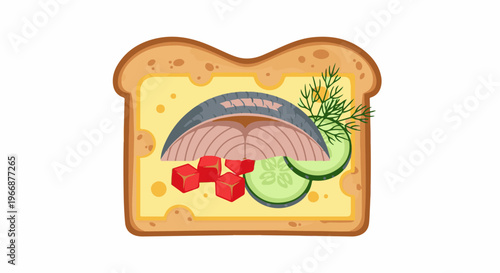 Delicious open-faced sandwich with fish, cucumber, tomato, and dill