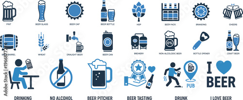 Beer Brewery Icon Set Pint Glass Bottle Barrel Wheat Draught Can Vector