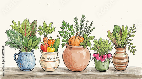 Watercolor illustration of various fresh garden vegetables and herbs in rustic pots on a wooden shelf, depicting a bountiful harvest theme.