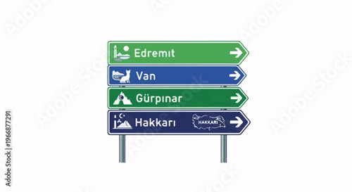 Directional signs point to different cities with symbolic icons