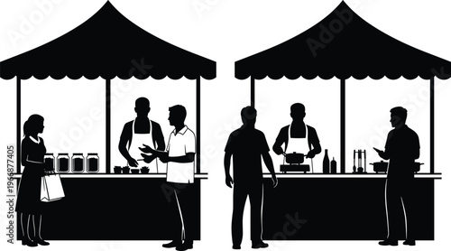 Street market stall silhouettes with vendors and customers under canopy tents, outdoor shopping scene isolated on white background, retail marketplace vector