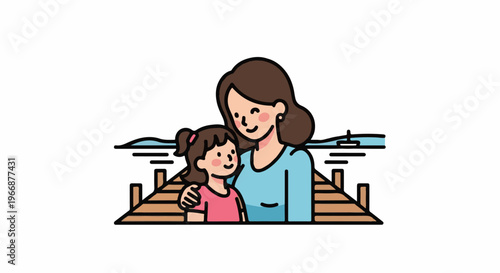 Mother and daughter embrace on a dock by the water