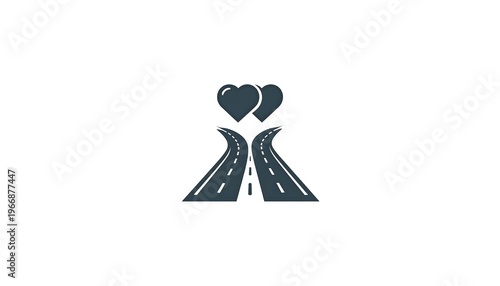 Illustration of two roads leading to intertwined hearts against a white background