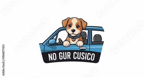 Cute cartoon puppy driving a blue car with a phrase on the vehicle