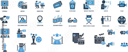 Cinema Icons Set – Movie Director Ticket Flat Vector Collection