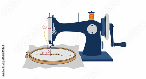 Old-fashioned sewing machine with embroidery hoop and thread