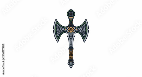 Ornate double-bladed axe with intricate knotwork and metallic accents