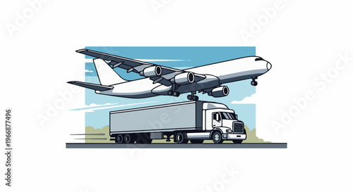 Freight airplane flies over a semi-truck on a road