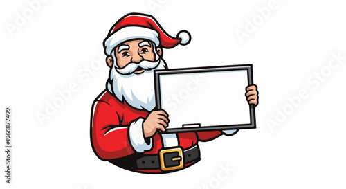 Cartoon Santa Claus holding a blank white board with a red suit