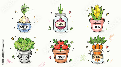 Cute hand-drawn illustrations of various vegetables like garlic, onion, corn, lettuce, tomato, and carrot growing in pots and jars.
