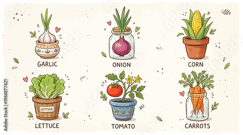 Charming illustration of six common vegetables, including garlic, onion, corn, lettuce, tomato, and carrots, growing in various pots and jars, depicting home gardening.