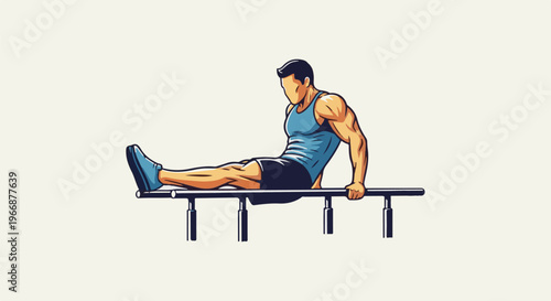 Muscular man performing a dip exercise on parallel bars, emphasizing strength