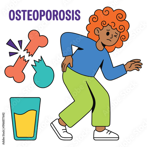 Medical Healthcare Character illustration showing Osteoporosis disease symptoms and bone fragility for health awareness and preventative care
