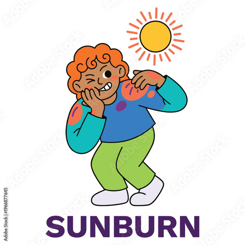 Illustrated character suffering painful sunburn symptoms, emphasizing critical sun protection for skin health and healthcare awareness