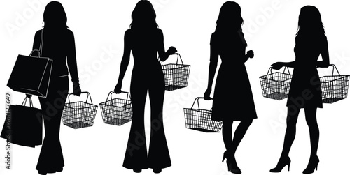 Women shopping silhouettes holding baskets and bags, fashionable female shoppers isolated on white background, retail consumer lifestyle vector illustration set