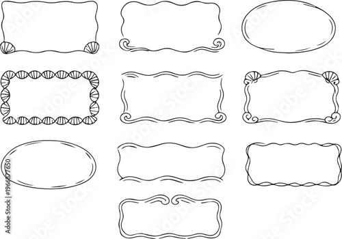 Stamp coastal frames. Vintage squiggle borders. Hand drawn frame for menu, wedding invitation, coastal party. Italian ornament border design. Doodle wiggle retro stamp poster. Scallop crayon emblem bg
