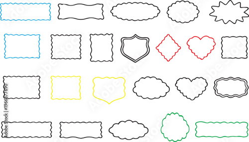 Stamp coastal frames. Vintage squiggle borders. Hand drawn frame for menu, wedding invitation, coastal party. Italian ornament border design. Doodle wiggle retro stamp poster. Scallop crayon emblem bg