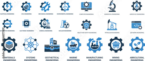 Engineering Icons Set – Electrical Mechanical Civil Flat Vector Collection