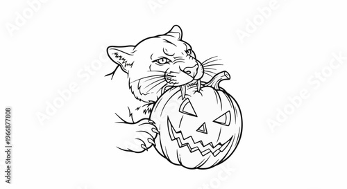 Fierce cat with sharp fangs biting into a carved Halloween pumpkin