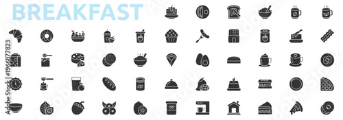 Breakfast icon set glyph style with pancake, omelette, toast, cereal, coffee, tea, bacon, egg, waffle, bagel, croissant, donut, fruit, smoothie, yogurt icons