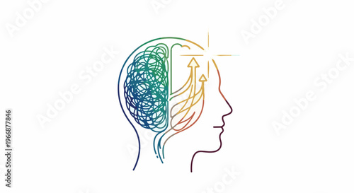 Colorful abstract concept of a human head with tangled thoughts and ascending arrows