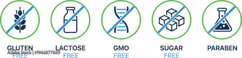 Free From Label Icon Set Gluten Lactose GMO Sugar Paraben Free Packaging Vector