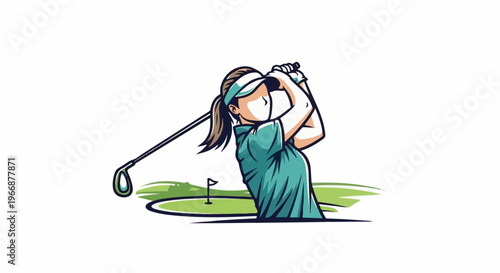 Cartoon woman swings a golf club on a green course with a flag