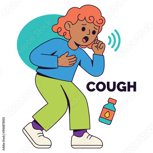 Vector illustration of a character experiencing a common medical health symptom, a cough, indicating a respiratory disease and highlighting healthcare needs
