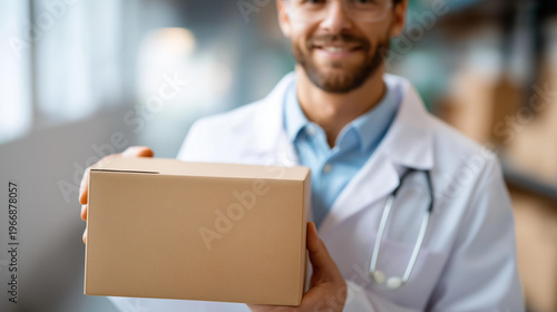 Faceless close-up of a pharmacist in a white coat holding a sealed medical delivery box in a bright modern pharmacy warehouse, healthcare shipping, prescription logistics, drug delivery, medical