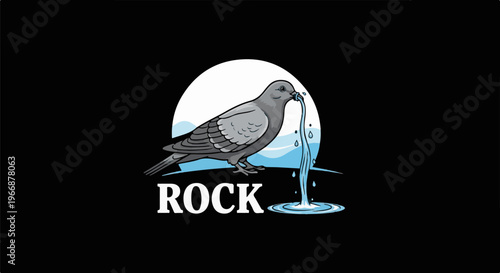 Pigeon drinking water from a tap with the word ROCK