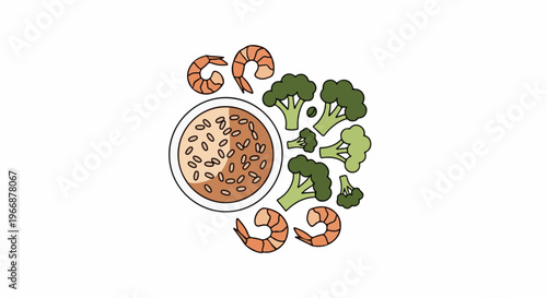 Bowl of grains with shrimp and broccoli florets