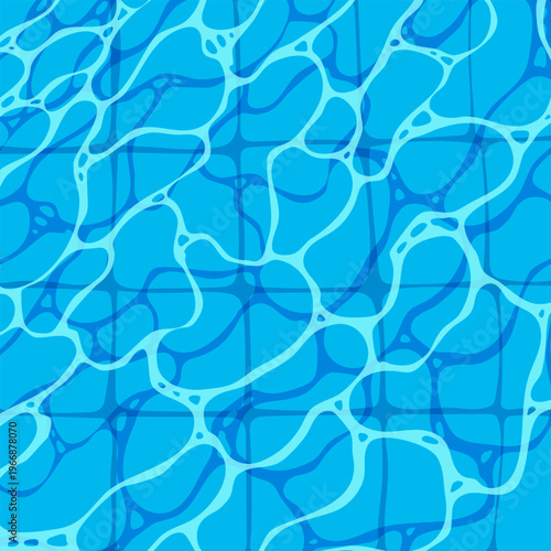 Blue water surface of swimming pool with reflections. Ripples on water surface. Transparent water, bottom of pool. Top view. Summer vacation backdrop