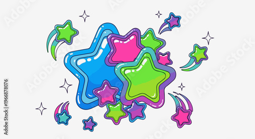 A vibrant collection of colorful, shiny stars, some appearing as shooting stars