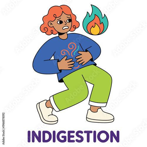 Medical illustration of a distressed person suffering from indigestion, stomach ache, and heartburn symptoms
