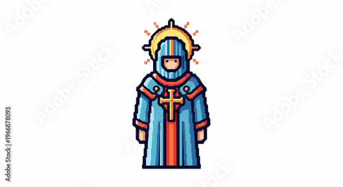 Pixelated figure in blue robe and golden halo, with cross emblem