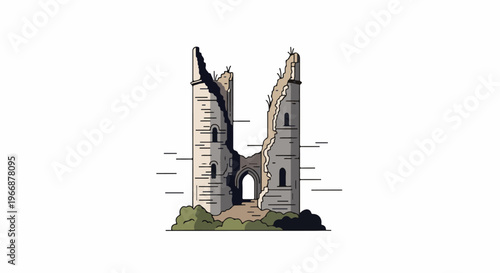 Stylized illustration of ruined stone towers with arched doorway