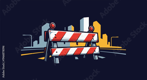 Construction barrier blocks road in stylized city scene