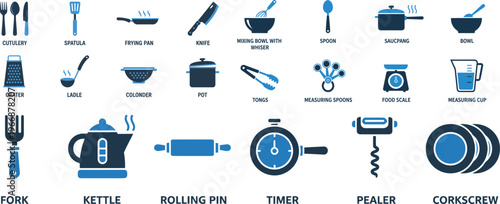 Kitchen Utensils Icons Set Cutlery Spatula Frying Pan Knife Grater Ladle Colander Pot