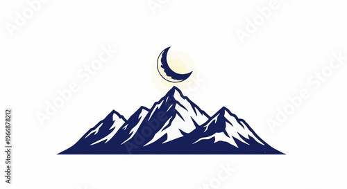 Stylized mountain range under a crescent moon with a face