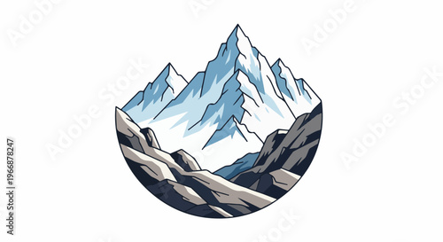 Stylized mountain range with snow-capped peaks and rocky terrain
