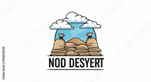 Sandbags stacked in front of a stylized desert landscape with clouds