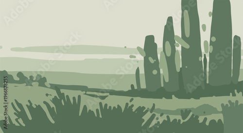 Abstract green landscape with tall vertical shapes and grassy foreground