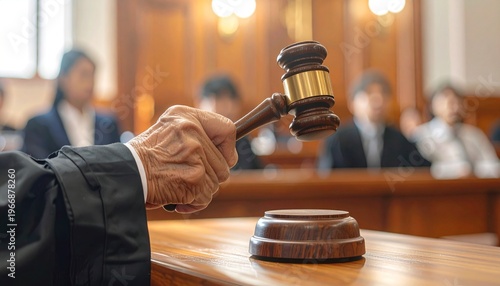 Judge holding gavel in courtroom ready to make a legal decision.