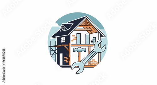 House under construction with tools and scaffolding shown