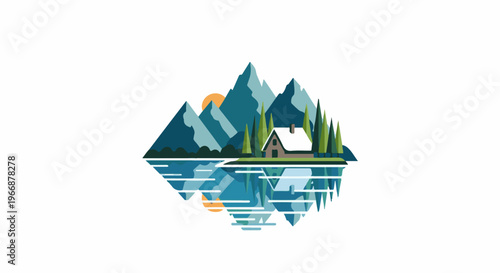 Serene mountain cabin reflected in still water under a warm sun