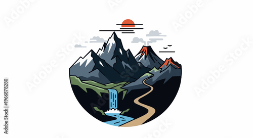 Stylized mountainous landscape with a river, waterfall, volcanoes, and sun